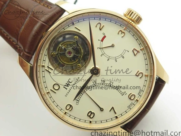 MIROTIME 0209 Portuguese Tourbillon IW504602 RG ZF Best Edition White Dial on Brown Leather Strap Stretchable 7178